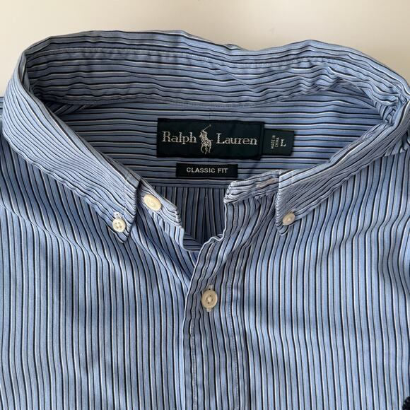 Ralph Lauren Classic Fit Long Sleeve Blue Striped Poplin Shirt, Size L - Picture 3 of 9